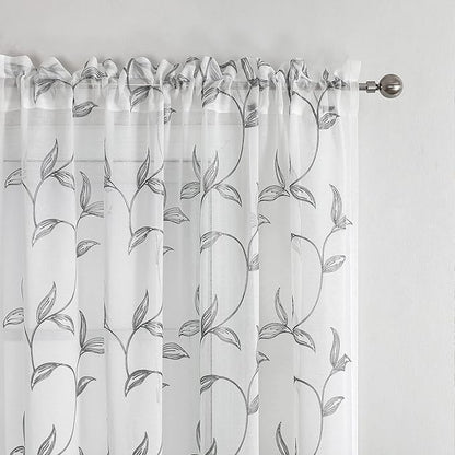 VISIONTEX Sheer Curtains 108 Inch Length 2 Panels, Decor Iron Grey Vine Leaves Embroidery on White Voile Pair, Accent Semi Window Drapes for Kitchen, Living Room and Bedroom, 54" W x 108" L