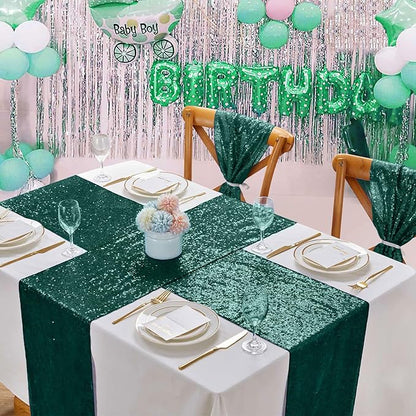 Sequin Table Runners 12 Pieces Emerald Green Table Runners 12x108 Inch Glitter Dining Table Cover for Party Wedding Birthday Reception Banquet Decoration Spring Party Chair Sashes