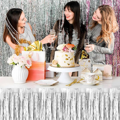 3 Pack 29 x108 Inch Silver Foil Fringe Table Skirts Metallic Banner for Tinsel Streamer Garland Backdrop for Parade Floats Mother's Day, Graduate, Birthday, Wedding Party Decoration