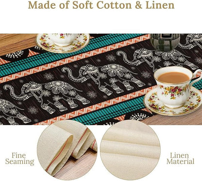 Boho Elephant Table Runner, Vintage Tribal Traditional Bohemian African Animals Ethnic Folk Table Center Decor for Home Kitchen Dining Patio Holiday Party Indoor Table Decorations, 13"x72" Inch