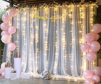 10ft x 10ft White Tulle Backdrop Curtain with Lights String for Parties Wedding Bridal Shower Sheer White Curtain Backdrop for Birthday Baby Shower Photo Booth Background Decorations