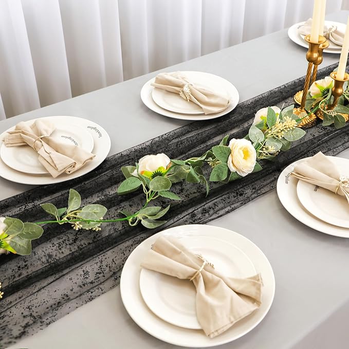 Snowkingdom Black Table Runner, 10FT Sheer Tulle Cheesecloth Gauze Metallic Mesh Foil Table Decoration for Halloween, Party, and Christmas