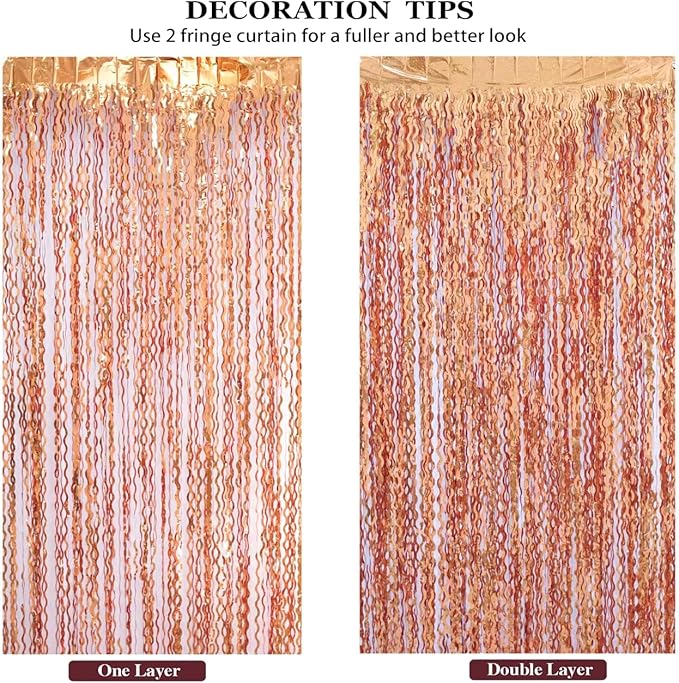 4 Pack 3.3x6.6ft Wavy Orange Foil Fringe Backdrop Curtains -Tinsel Streamers Metallic Foil Fringe Backdrop Door for Halloween, Graduation,Baby Shower,Gender Reveal