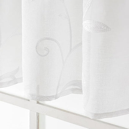 VISIONTEX White Sheer Voile Curtains, Decorative Leaves Embroidery Faux Linen Rod Pocket Window Drapes for Home Kitchen, Living Room and Bedroom 26 x 36 Inch, Set of 2 Curtain Panels