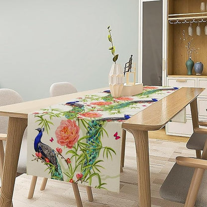 Peacock Table Runner,Seasonal Flower Plants Peacock Birds Table Runner for Home Kitchen Dining Party Indoor Outdoor Decoration 13x120 Inch