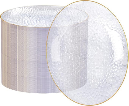 Rubtlamp 60 Pieces Gold Plastic Plates - 10 inch Clear Dinner Plates - Hammer Pattern Design - Fancy Clear and Gold Disposable Plates For All Occasions