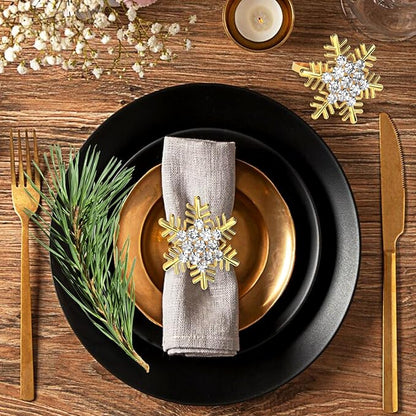 Halatool Christmas Napkin Rings Set of 8, Gold Snowflake with White Rhinestone Napkin Holder for Christmas Thanksgiving Winter Holiday Place Setting, Weddings, Party Table Decoration