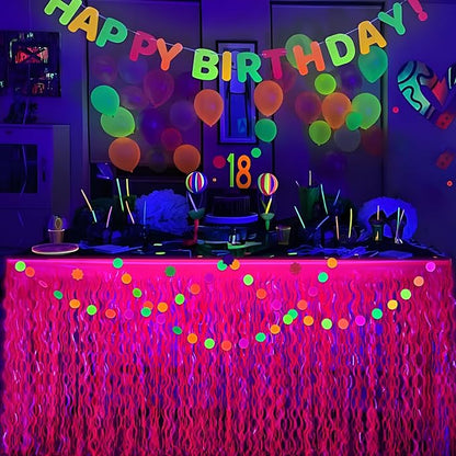 Mega-L Glow in The Dark Party Supplies, 2 Pack Neon Party Decorations Fluorescent Macaron Fuchsia Wavy Metallic Tinsel Foil Fringe Table Skirts, Perfect Table Decors for Glow Birthday Decor