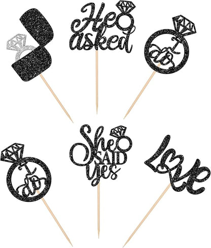 30 PCS He Asked She Said Yes Cupcake Toppers Love I Do Diamond Ring Cupcake Picks for Wedding Enaggement Bridal Shower Party Cake Decorations Supplies Black