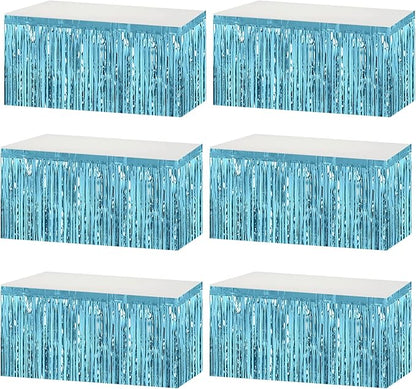6 Pack 29x108 Inch Metallic Foil Fringe Tinsel Table Skirts Banner for Rectangle Tables Streamer Garland Backdrop for Wedding, Birthday, Parade Floats, Halloween Party Decoration(Light Blue)