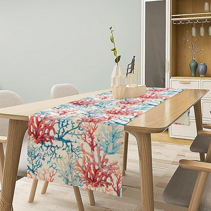 Blue Beach Table Runner, Tropical Ocean Coast Table Runner, Seashell Seasonal Nautical Restaurant Coffee Table Decorations for Home Holiday Party Indoor Outdoor 13x36 Inch