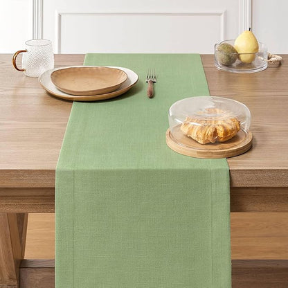 ZeeMart Linen Textured Border Table Runner, 14 x 36 Inch Green, Farmhouse Style Sage Green Table Runners 36 Inches Long, Easy Care Everyday Polyester Table Runner