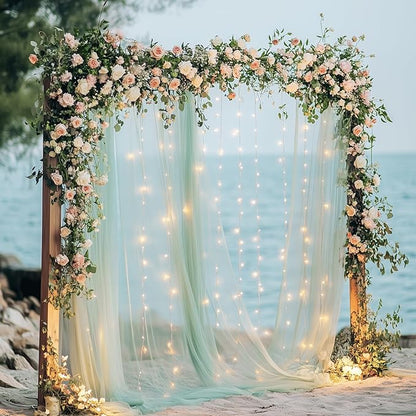 Tulle Backdrop Curtain with Lights String 10FT X 8FT Sage Green Sheer Tulle Backdrop Curtains for Wedding Birthday Party Reception Photo Booth Background Decorations (2 Panels 5x8FT)