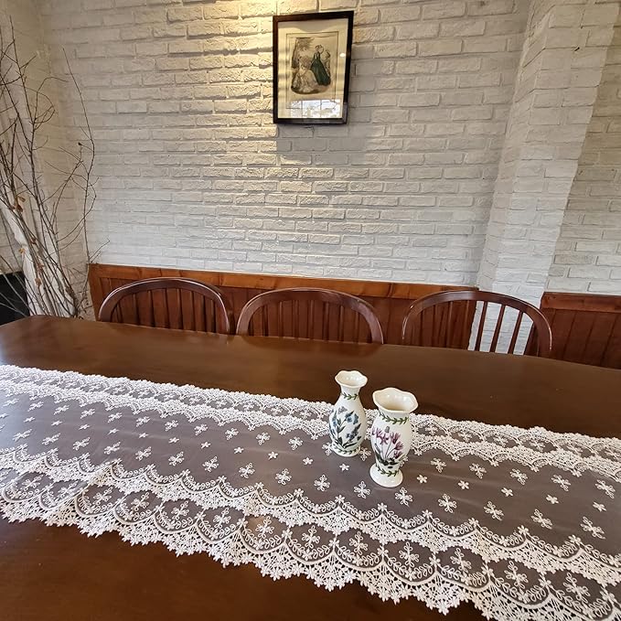 Inicia Table Lace Runner 12×70 inch Embroidered for Holiday Wedding Picnic Daily Dinner Tables White Decor (Polyester, 12"×70" (31cm×180cm))