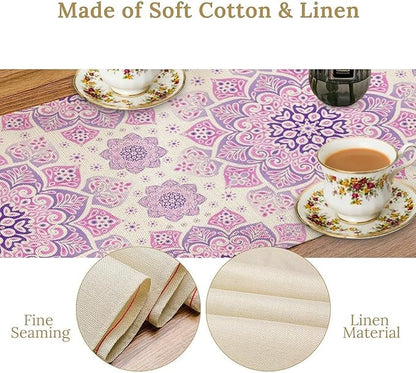 Purple Pink Mandala Table Runner, Traditional Indian Boho Mandala Flowers Print Table Runne for Kitchen Dining Table Office Wedding Party Holiday Home Decor, 13x108inch
