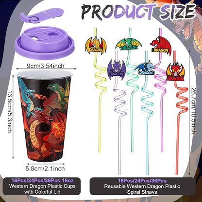 Yungyan 36 Sets Dragon Party Favors Goodie Cups with Lids and Straws for Birthday Decorations Reusable 16oz Plastic Candy Cups Plastic Straws for Birthday Party (Dragon)