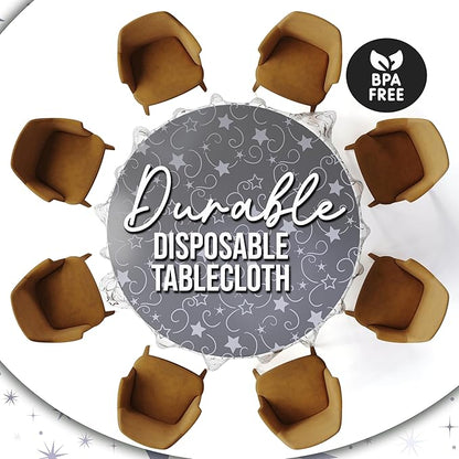 Exquisite Clear Silver Star Tablecloth Plastic 12-Pack Disposable Round Tablecloths 84" Silver Star Table Cloths Round Table Covers Plastic Tablecloth for Party Decorations