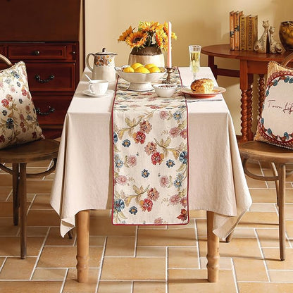 patdrea Designer Farmhouse Linen Thick Table Runner, Rustic Cottage Beige with Floral Pattern Fabric Table Mat, Decoration for Kitchen Dining Coffee Table Banquet Christmas , 12"*71"
