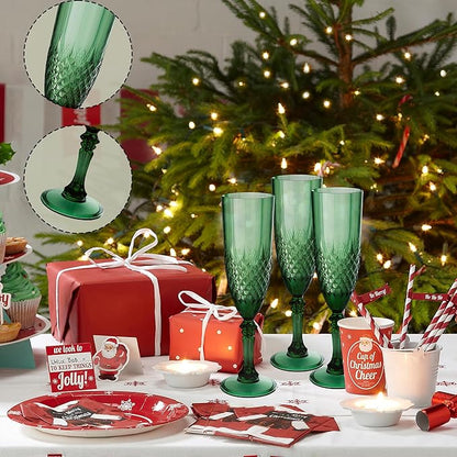 Plastic Champagne Flutes, 24PCS Dark Green Wine Glasses Goblets Cups Reusable Flute, for Christmas Weddings Bachelor Parties Toasting and Events(24, Dark Green)