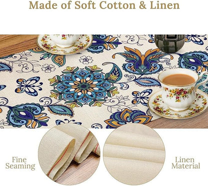 Oriental Paisley Table Runner, Luxury Vintage Blue Teal Floral Butterflies Print Table Runner for Home Dining Kitchen Coffee Table Party Decor, 13x108inch
