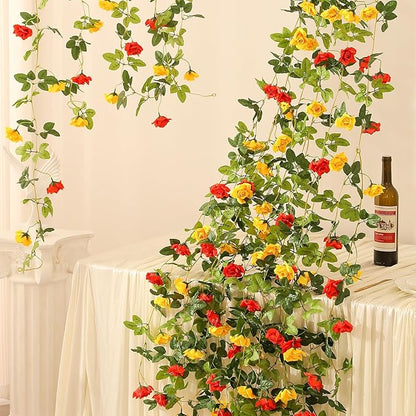 Floweroyal 2 Pack Artificial Flower Garlands 15.8FT Fake Rose Vines Silk Flowers Hanging Rose Ivy for Wedding Arch Party Home Garden Wall Decor (Orange Yellow)