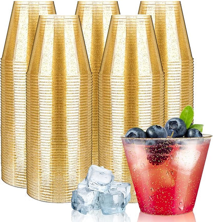 [200 Pack] 9oz Plastic Cups with Gold Glitter Sturdy & Food Safe Plastic Wine Glasses Disposable Cups Party Wedding Cups Cocktail Glasses for Wine, Juice & Cold Beverages