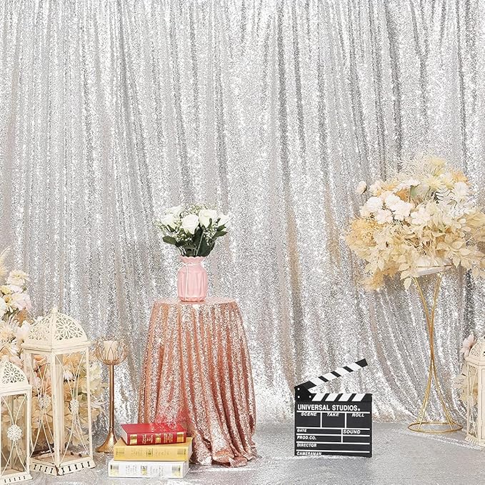 Poise3EHome 8FT x 8FT Silver Sequin Photography Backdrop Curtain for Party Decoration, Silver