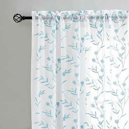 Sheer Curtains White-Blue 45 Inches Long Floral Embroidery Rod Pocket Voile Drapes for Living room, Bedroom, Window Treatments Semi Lace Outdoor Curtain Panels for Yard, Kitchen, Set of 2, 52"x 45".