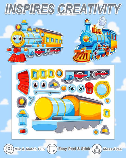 Aowplc Train Stickers for Kids – 32 Sheets Make-a-Train Mix & Match Kit – Fun Party Favors & Activities