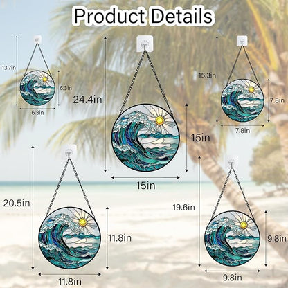 Stained Glass Window Hanging - Blue Green Waves Suncatcher for Door Terrace Garden Home Decor Sunrise Over The Sea Sun Catcher Birthday Gifts for Lovers Women Men Dad Mom Nana 9.8 in