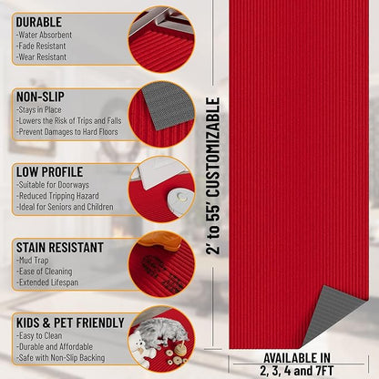 Ottomanson 2' x 16' Hallway Runner with Scraper Pile - Extra Durable Non-Slip Rug Mat for Indoor & Outdoor Use - Ideal for Kitchen, Entryway, Patio & Garage - High-Traffic Carpet, Red