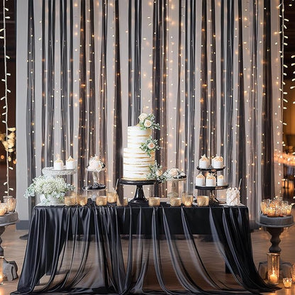 20×10ft Black Tulle Backdrop Curtain with Lights String for Parties, Sheer Photo Backdrop Curtains for Wedding Party Photography Background