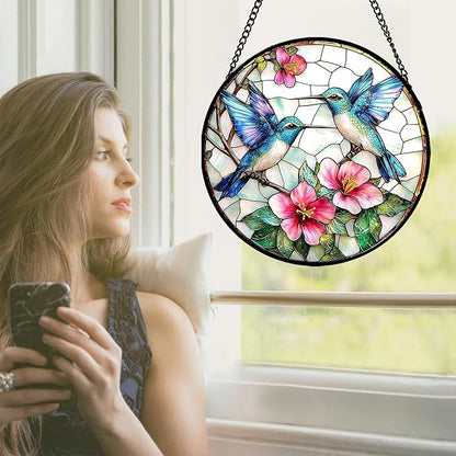 Stained Glass Window Hanging - Blue White Hummingbirds Pink Flowers Suncatcher for Door Terrace Garden Home Decor Bird Sun Catcher Birthday Gifts for Lovers Women Men Dad Mom Nana 11.8 in