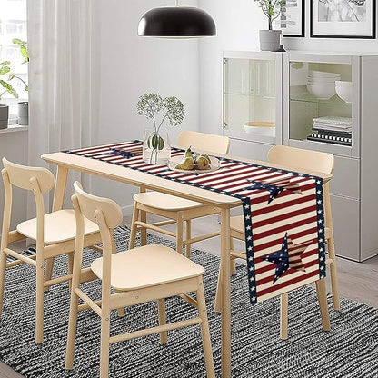 4th of July Table Runner, Patriotic Independence Day American Stars Stripes Flag Print Table Runner for Farmhouse Kitchen Dining Holiday Birthday Party, 13x120inch