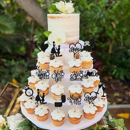30 PCS He Asked She Said Yes Cupcake Toppers Glitter Engagement Cupcake Toppers Miss to Mrs I Do Love Heart Ring Miss to Mrs Cupcake Picks for Wedding Engagement Party Cake Decorations Supplies Black
