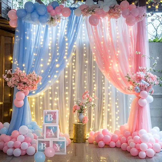 Pink and Blue Backdrop Curtains with Lights String for Baby Shower Sheer Tulle Backdrop Curtain for Gender Reveal Birthday Party Bridal Shower Photo Shoot Background Decorations 2 Panels 5×10ft