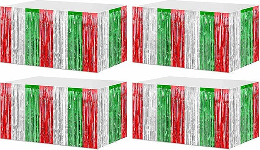 4 Pack 29x108 Inch Metallic Foil Fringe Tinsel Table Skirts for Rectangle Tables Streamer Backdrop for Wedding, Birthday, Parade Floats, Christmas, Halloween Party Decoration(Red Silver Green)