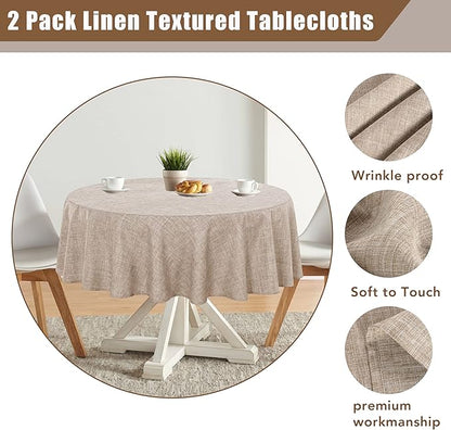 Fitable Faux Linen Round Tablecloths 60 Inches - 2 Pack Neutral Table Clothes Faux Burlap Table Covers for Kitchen, Dining, Party, Farmhouse, Picnic (Great for 20"-48" Round Tables, Nature)