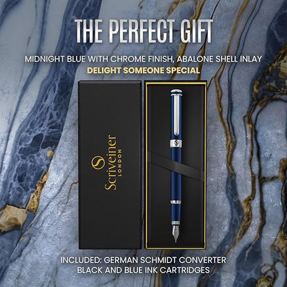 Scriveiner Midnight Blue Fountain Pen - Stunning Luxury Pen with Chrome Appointments, Schmidt Nib (Fine), Best Pen Gift Set for Men & Women, Professional, Executive, Office, Nice Pens