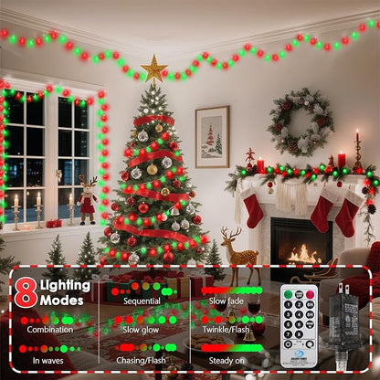 43FT 100LED Connectable Christmas String Lights Indoor Outdoor - Red and Green Fairy Lights Plug in with Remote & 8 Modes, Globe Twinkle Light for Christmas Decorations Bedroom Room Tree Party