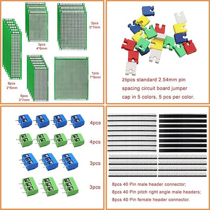 82 Piece Double Sided PCB Board Kit with 5 Sizes,40Pin 2.54mm Male & Female Header Connectors - Ideal for DIY Soldering,Electronic Projects, Arduino Kits,and Circuit Prototyping