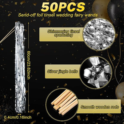 50 Pcs Wedding Fairy Wands with Bells Foil Tinsel Ribbon Stick Wands Tinsel Party Streamers with Bell Glittery Bridal Wedding Send Off Ideas Holiday Celebration (Silver)