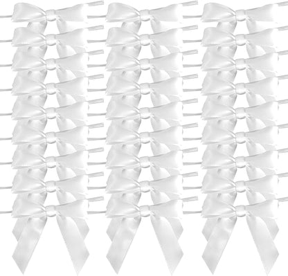50pcs 2-1/2" White Satin Ribbon Bows with Twist Ties for Wedding Box Gift Wrapping Packing Christmas Decoration (White)