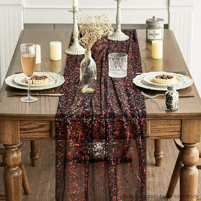 Artoid Mode 6PCS Black Red Gold Gauze Table Runner 120 Inch 10FT, Glitter Metallic Foil Sheer Dining Wedding Anniversary Holiday Table Decor for Home Party