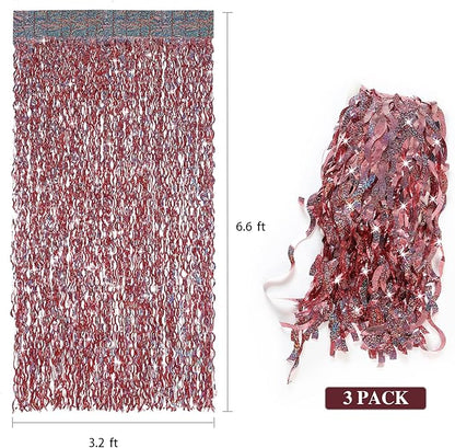 3 Pack 3.3 ft x 6.6 ft Tinsel Curtain -CYLMFC Rose Gold Birthday Backdrop Background for Wedding Graduation Engagement Party Backdrop Decor