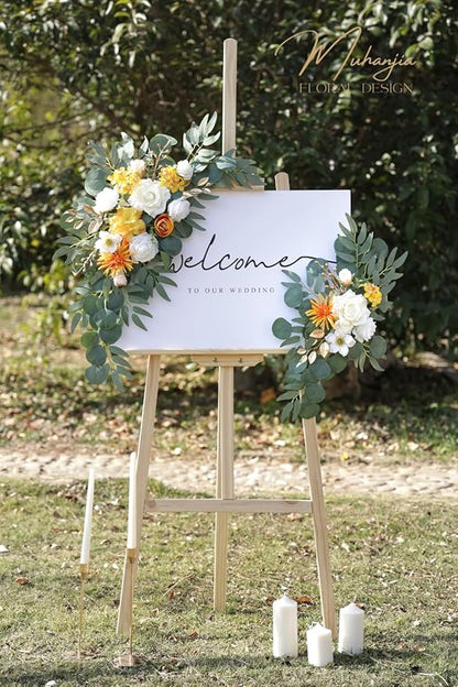 Wedding Sign Faux Flower Swag (Pack of 2) for Ceremony Party Reception Entrance Floral Decor Wall Easel Stand for Wedding Poster Welcome Sign (Bright Yellow)