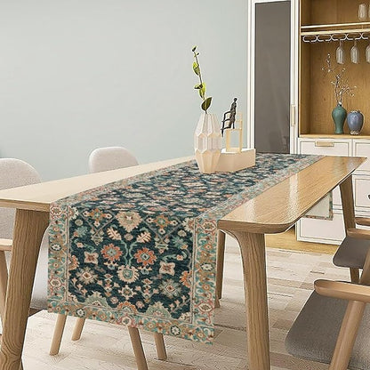 Vintage Boho Floral Table Runner, Rustic Country Farmhouse Blue Teal Red Bohemia Flower Pattern for Home Kitchen Table Decor Dining Coffee Room Party Decor 13x90in