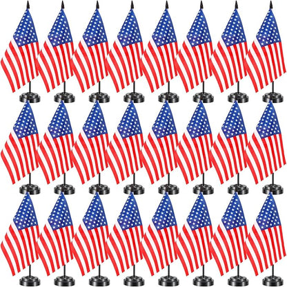 24 Pcs American Desk Flag Set Small USA Flags for Table with 13" Black Pole, Black Base and Spear Top, American Flag for Home Office Party Festival Celebrations Decor
