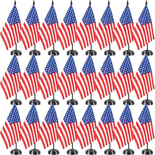 24 Pcs American Desk Flag Set Small USA Flags for Table with 13" Black Pole, Black Base and Spear Top, American Flag for Home Office Party Festival Celebrations Decor