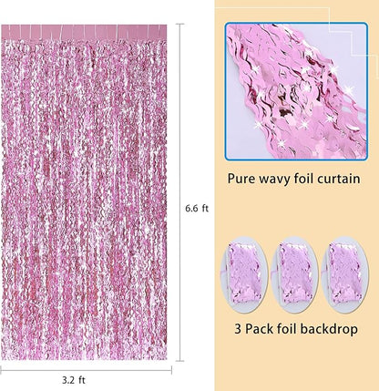 Pink Foil Fringe Curtain - Wavy Fringe Backdrop 3.3 x 6.6 Feet, Pack of 3 | Pink Streamers Party Decorations Birthday Decorations Valentine's Day Decoration Party Supplies